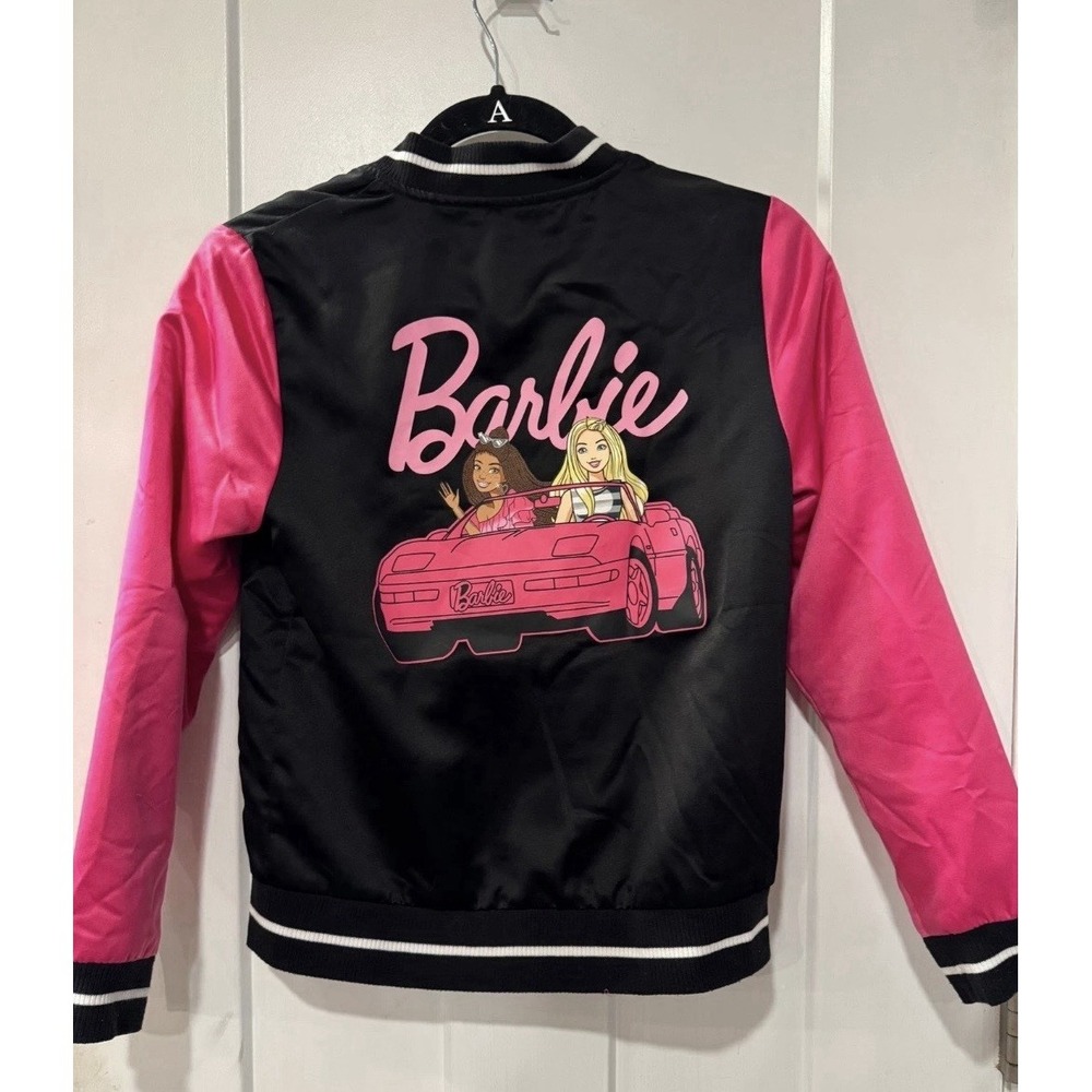 Barbie Limited Edition Bomber Jacket Pink Black Satin Graphic Print Youth XXL 18